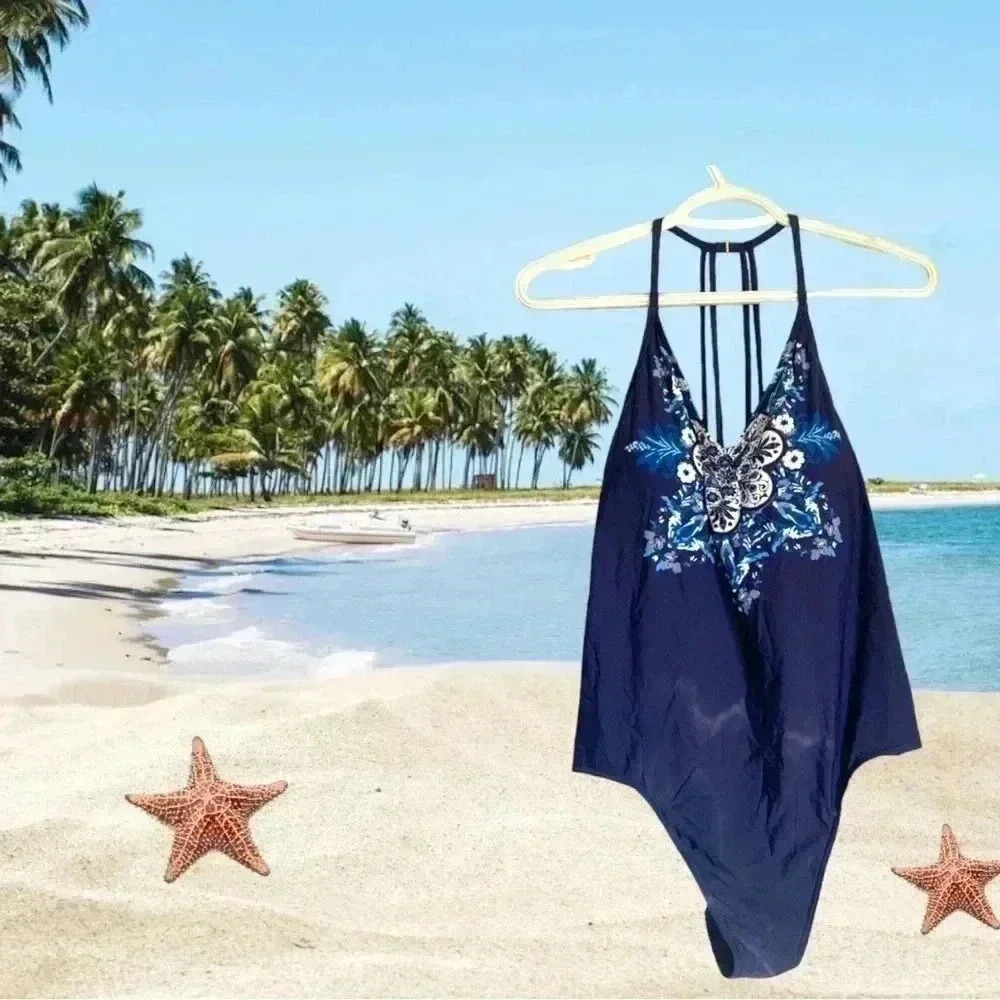 Aqua Rose Blue with Floral Swim Suit with Open Back, Size Medium